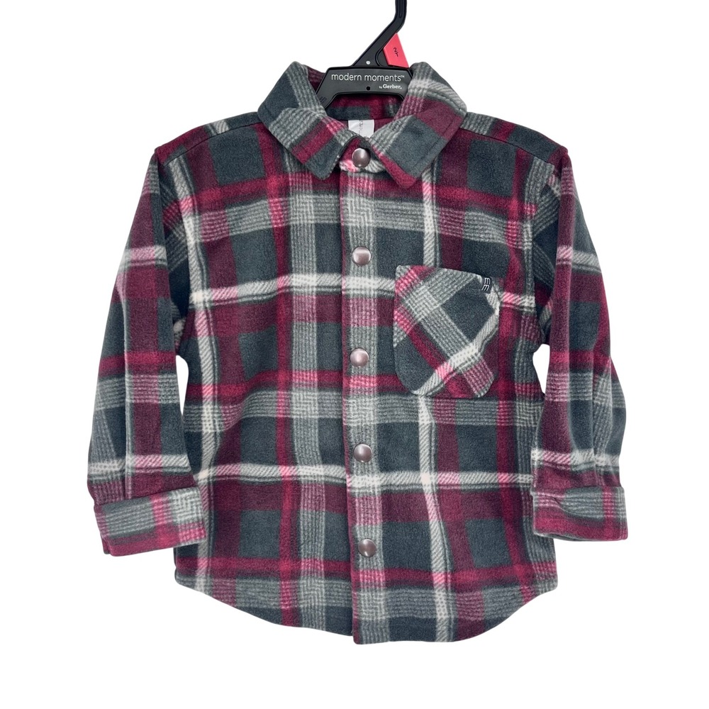 Modern Moments Fleece Shacket Kids 2T Green Maroon Plaid Button Up Jacket Fall